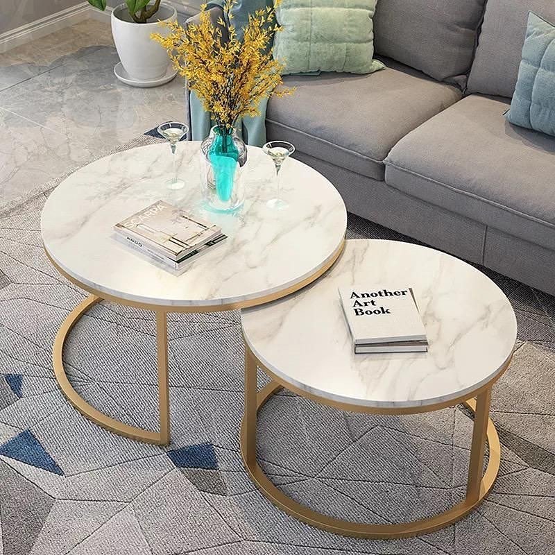 Round Nesting Coffee Table Set, Marble & Gold Finish