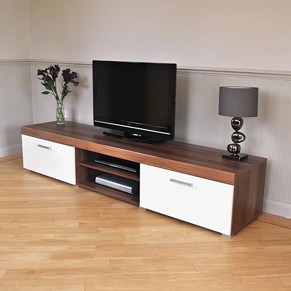 Modern TV stand in walnut wood finish with two white high-gloss drawers and central open shelving, supporting a flat-screen TV.