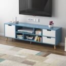 Modern blue and white TV stand with drawers and open shelves – wooden furniture for living rooms in Uganda.