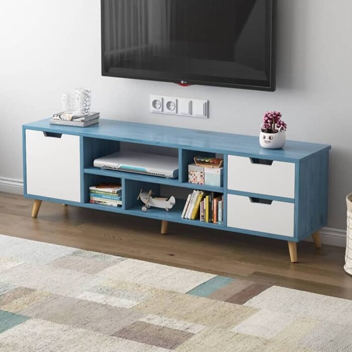 Modern blue and white TV stand with drawers and open shelves – wooden furniture for living rooms in Uganda.