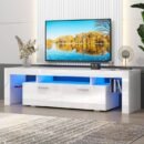 High Gloss White TV Stand with LED Lights and Storage