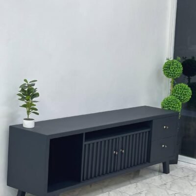 Dark Grey TV Stand with Fluted Door Storage