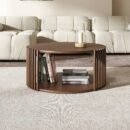 Modern Round Walnut Coffee Table with Slatted Base